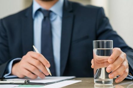 Pleasant office worker holding glass of water